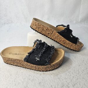 OLIVIA MILLER Sz 7 Dark Wash Distressed Wedge Platform Cork Sandal